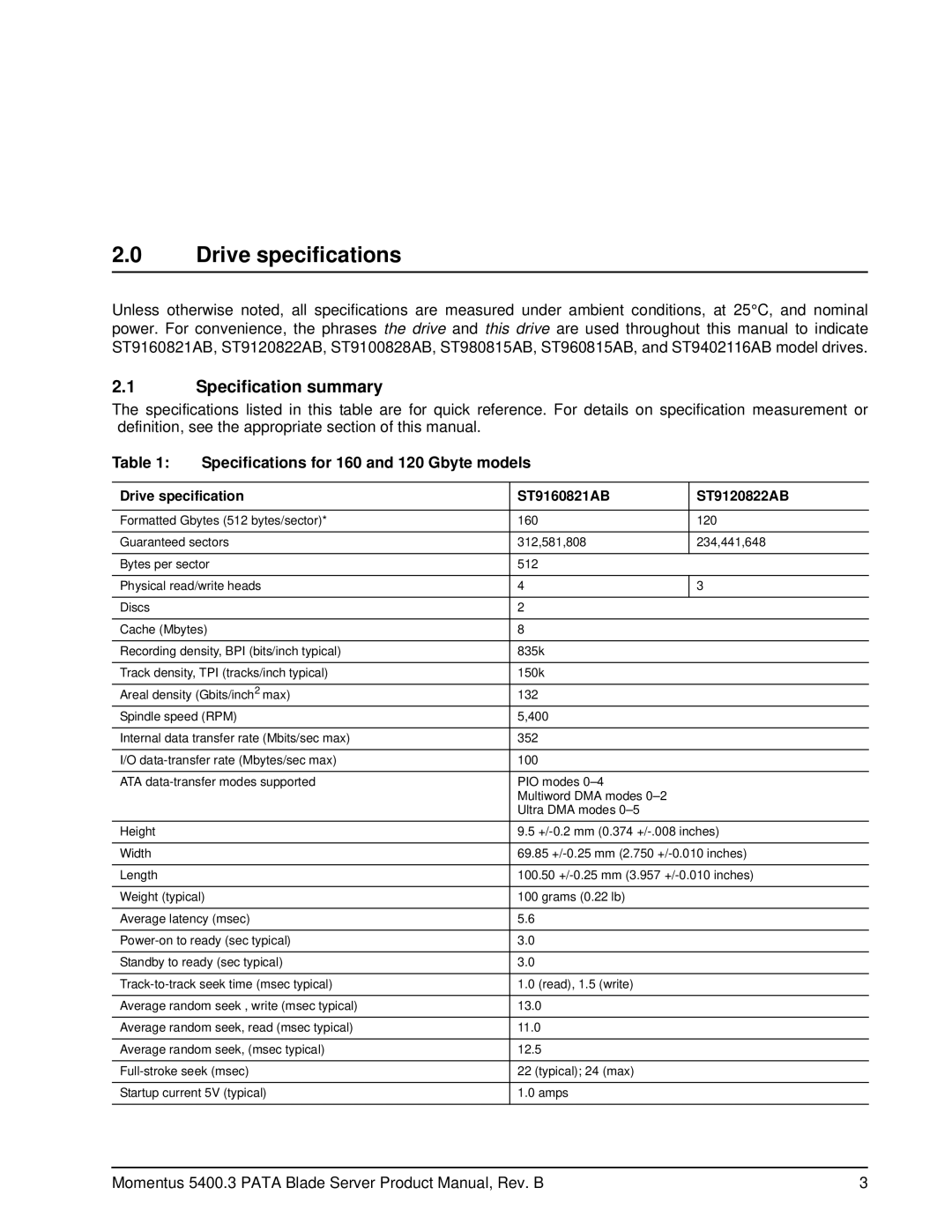 Seagate ST9120822AB, ST9402116AB Drive specifications, Specification summary, Specifications for 160 and 120 Gbyte models 