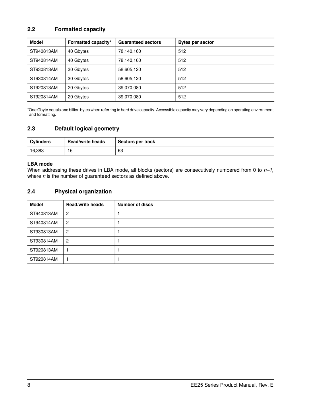 Seagate ST930814AM, ST940813AM, ST940814AM Formatted capacity, Default logical geometry, Physical organization, LBA mode 