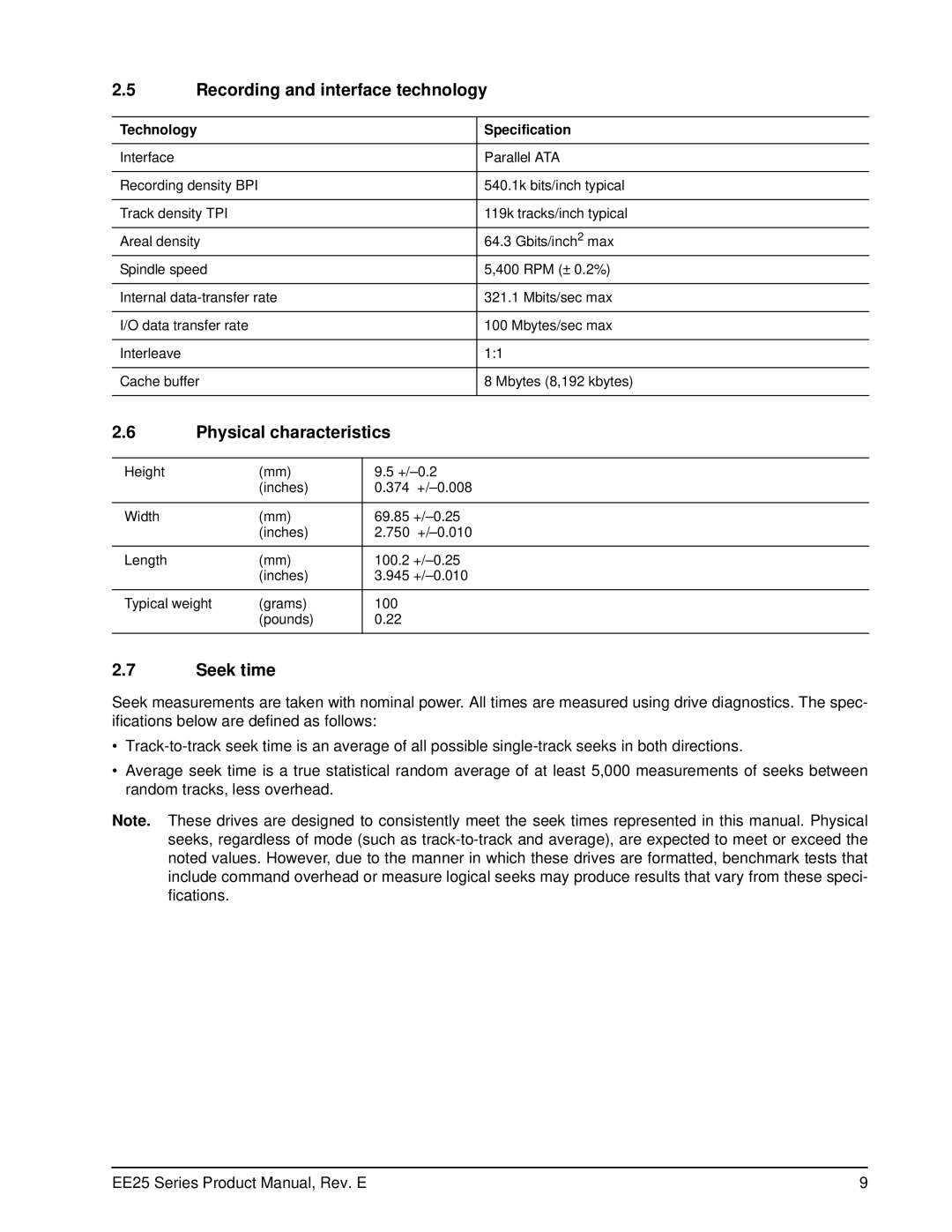 Seagate ST930813AM manual Recording and interface technology, Physical characteristics, Seek time, Technology Specification 