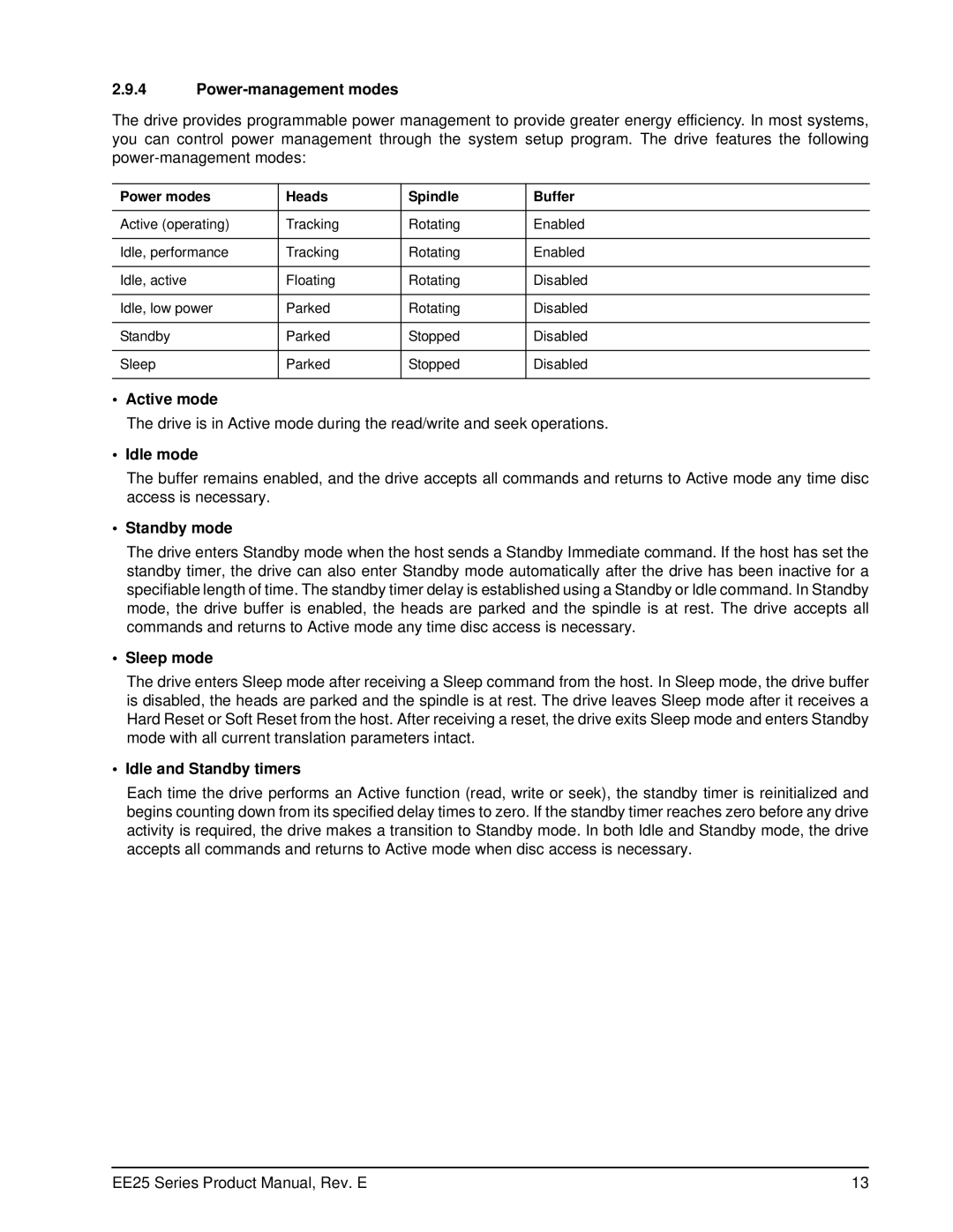 Seagate ST940814AM, ST940813AM manual Power-management modes, Active mode, Idle mode, Sleep mode, Idle and Standby timers 