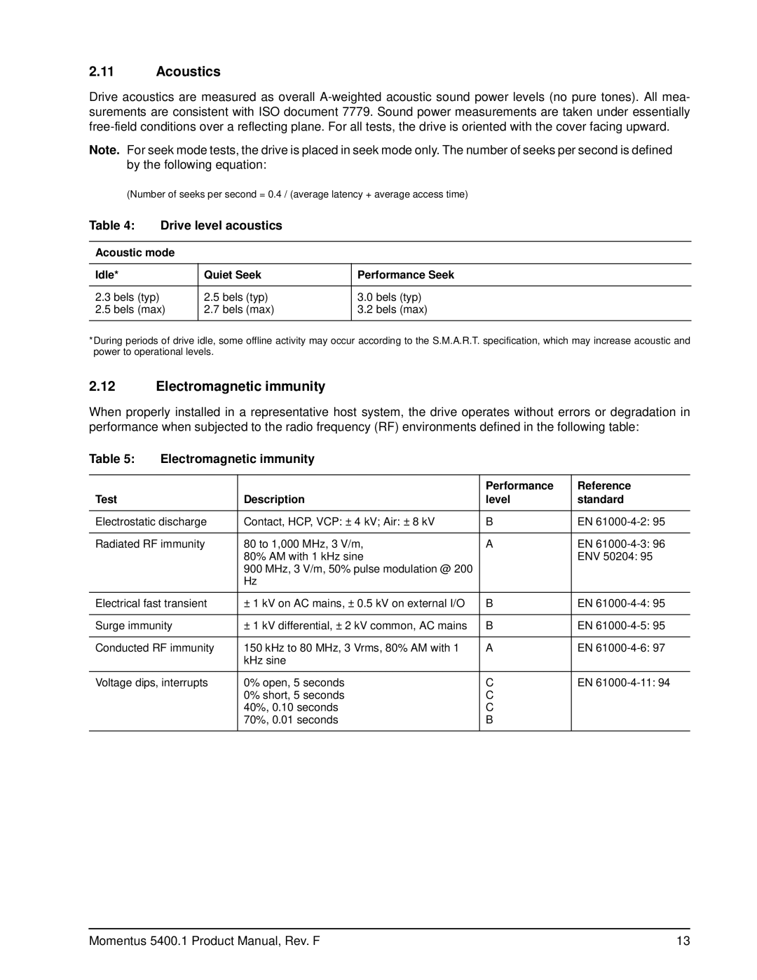 Seagate ST92011A, ST94811A, ST94011A, ST92811A manual Acoustics, Electromagnetic immunity, Drive level acoustics 