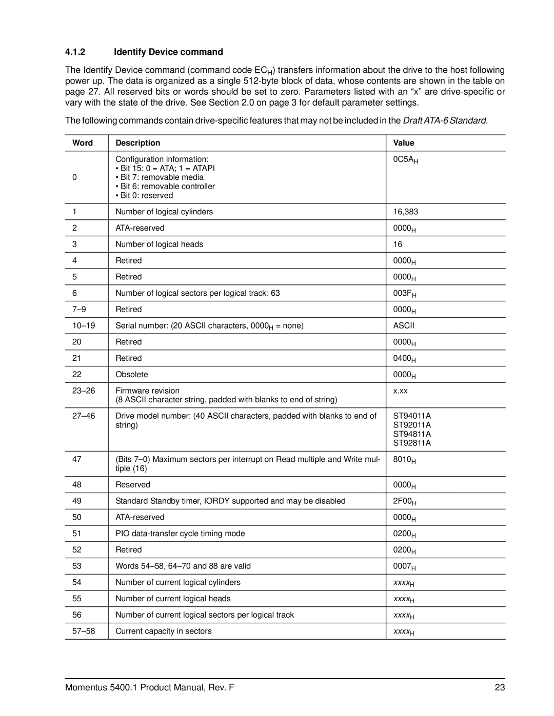 Seagate ST94011A, ST94811A, ST92811A, ST92011A manual Identify Device command, Word Description Value 