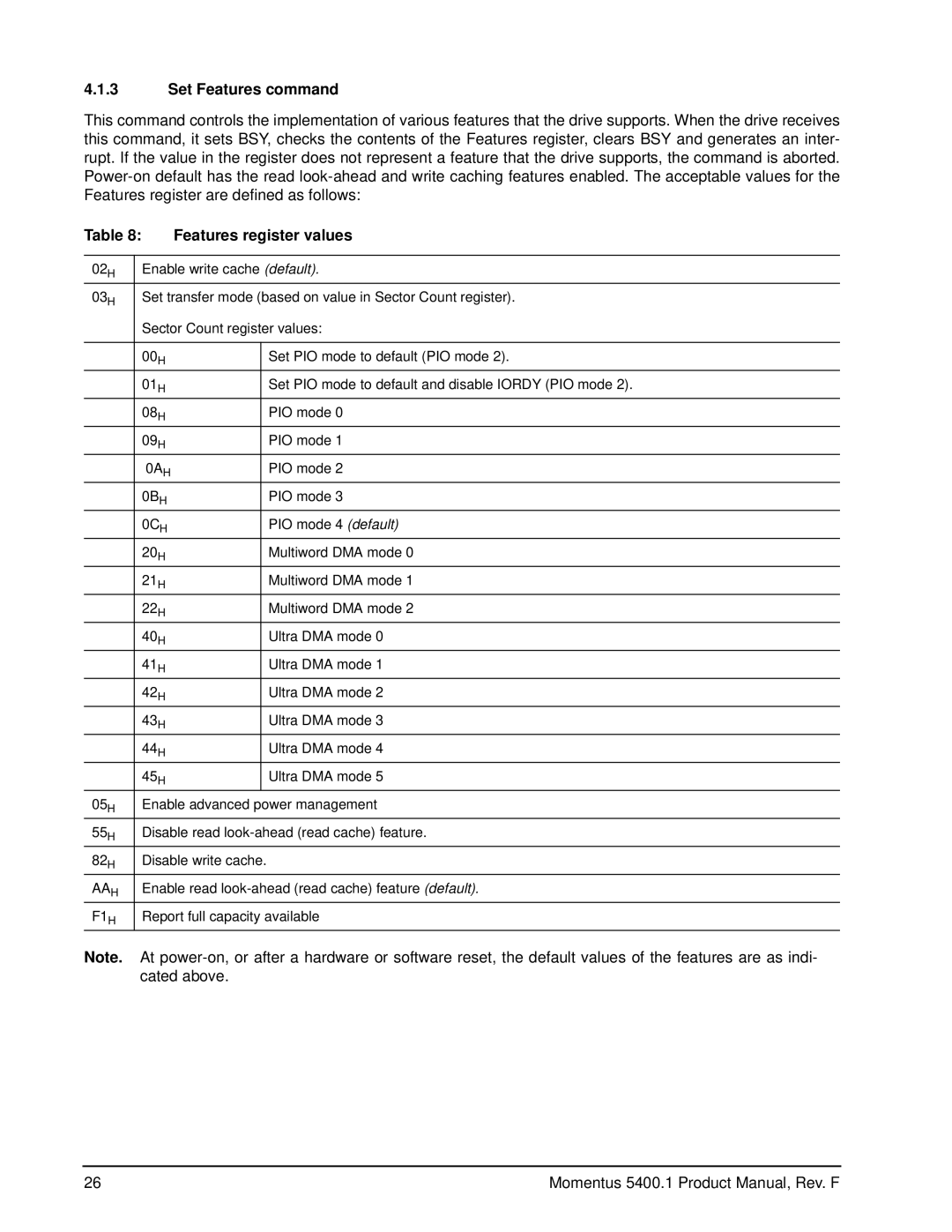 Seagate ST94811A, ST94011A, ST92811A, ST92011A manual Set Features command, Features register values 