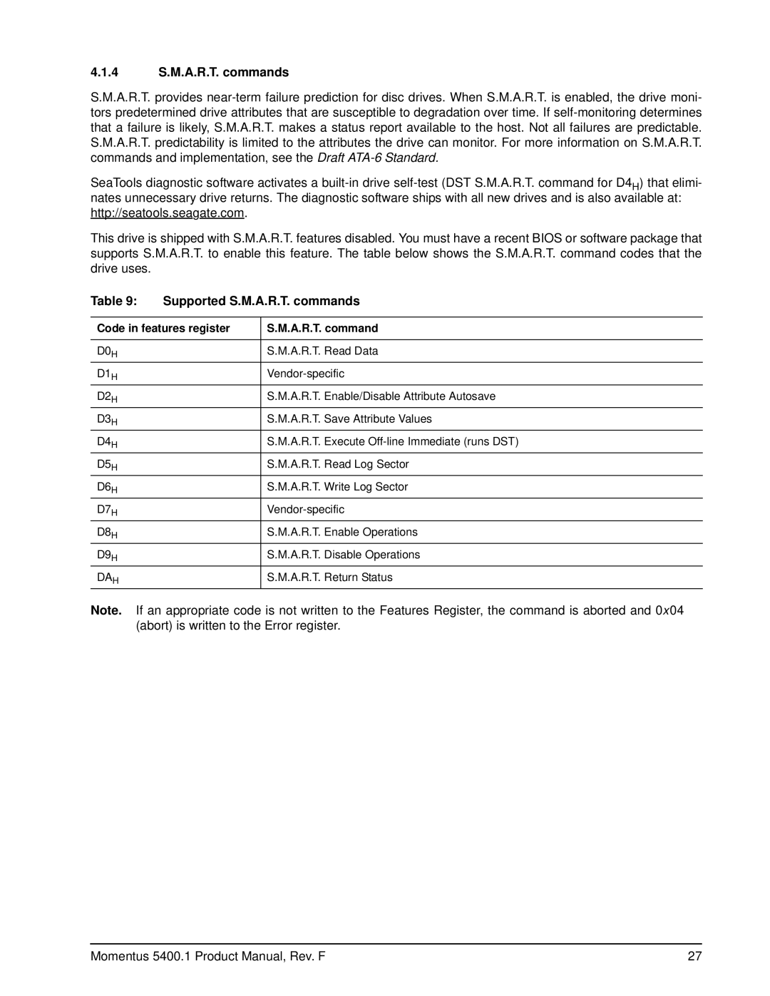 Seagate ST94011A, ST94811A 4 S.M.A.R.T. commands, Supported S.M.A.R.T. commands, Code in features register A.R.T. command 