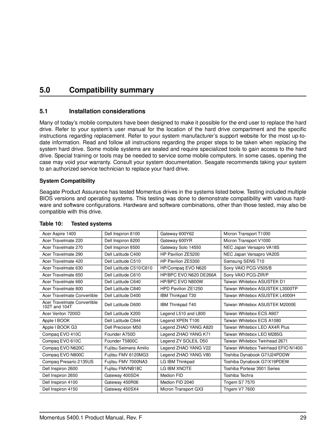 Seagate ST92011A, ST94811A manual Compatibility summary, Installation considerations, System Compatibility, Tested systems 