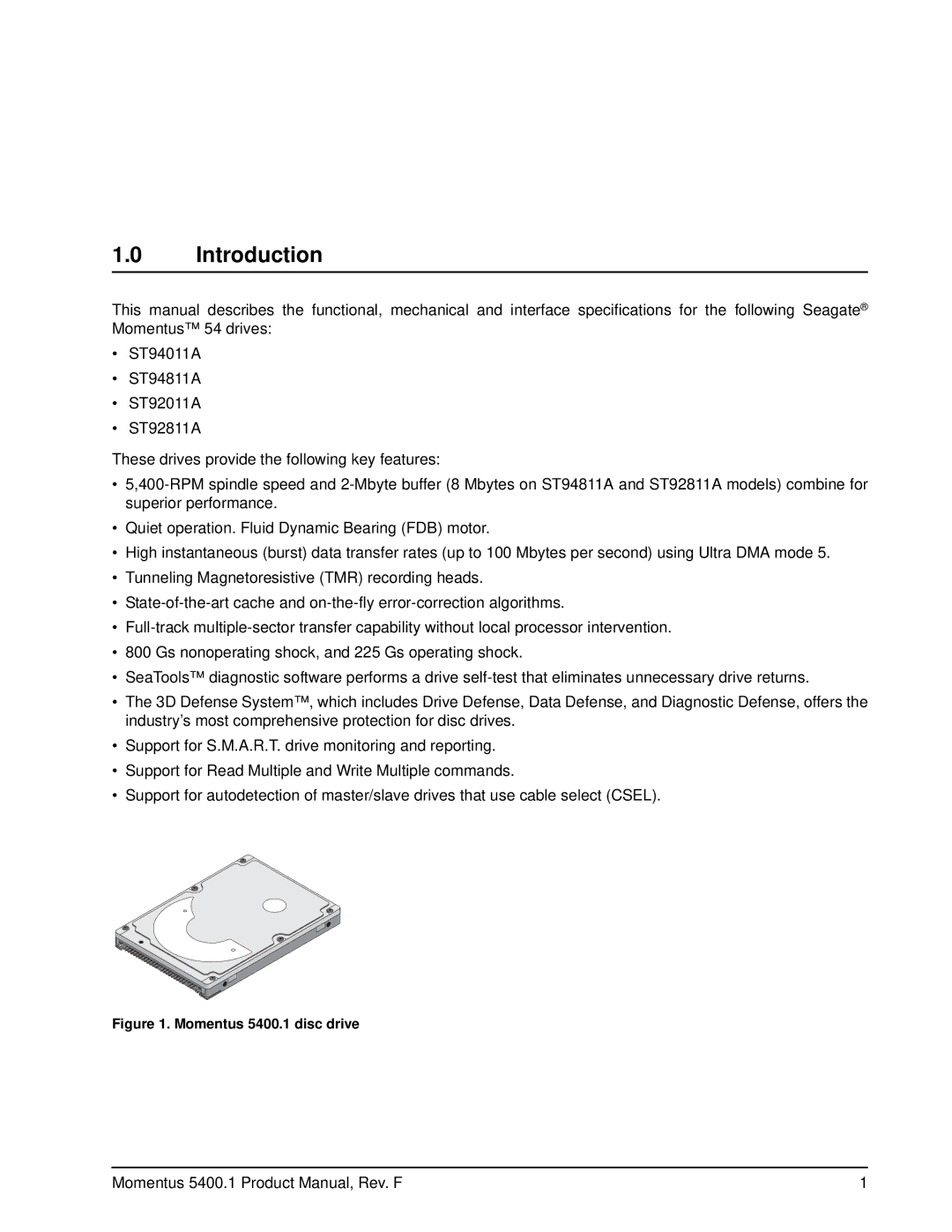 Seagate ST92011A, ST94811A, ST94011A, ST92811A manual Introduction, Momentus 5400.1 disc drive 