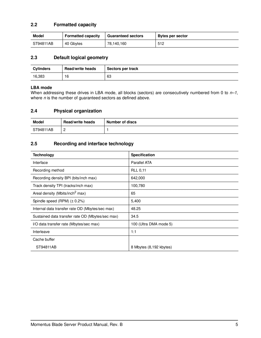 Seagate ST94811AB Formatted capacity, Default logical geometry, Physical organization, Recording and interface technology 