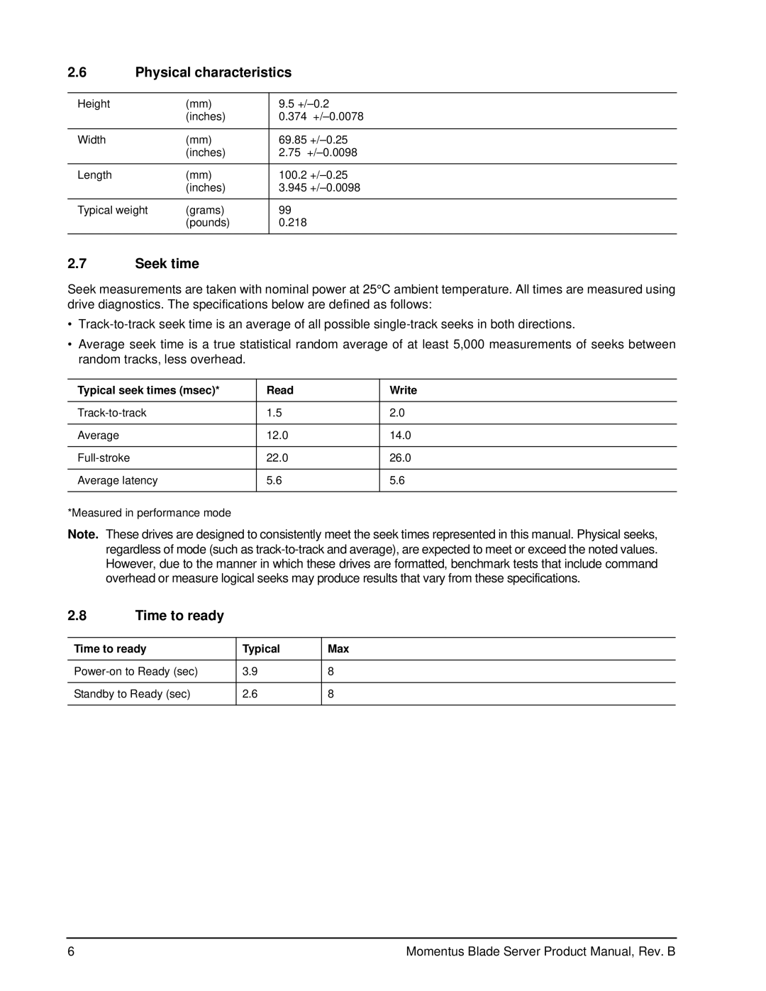 Seagate ST94811AB manual Physical characteristics, Seek time, Time to ready, Typical seek times msec Read Write 