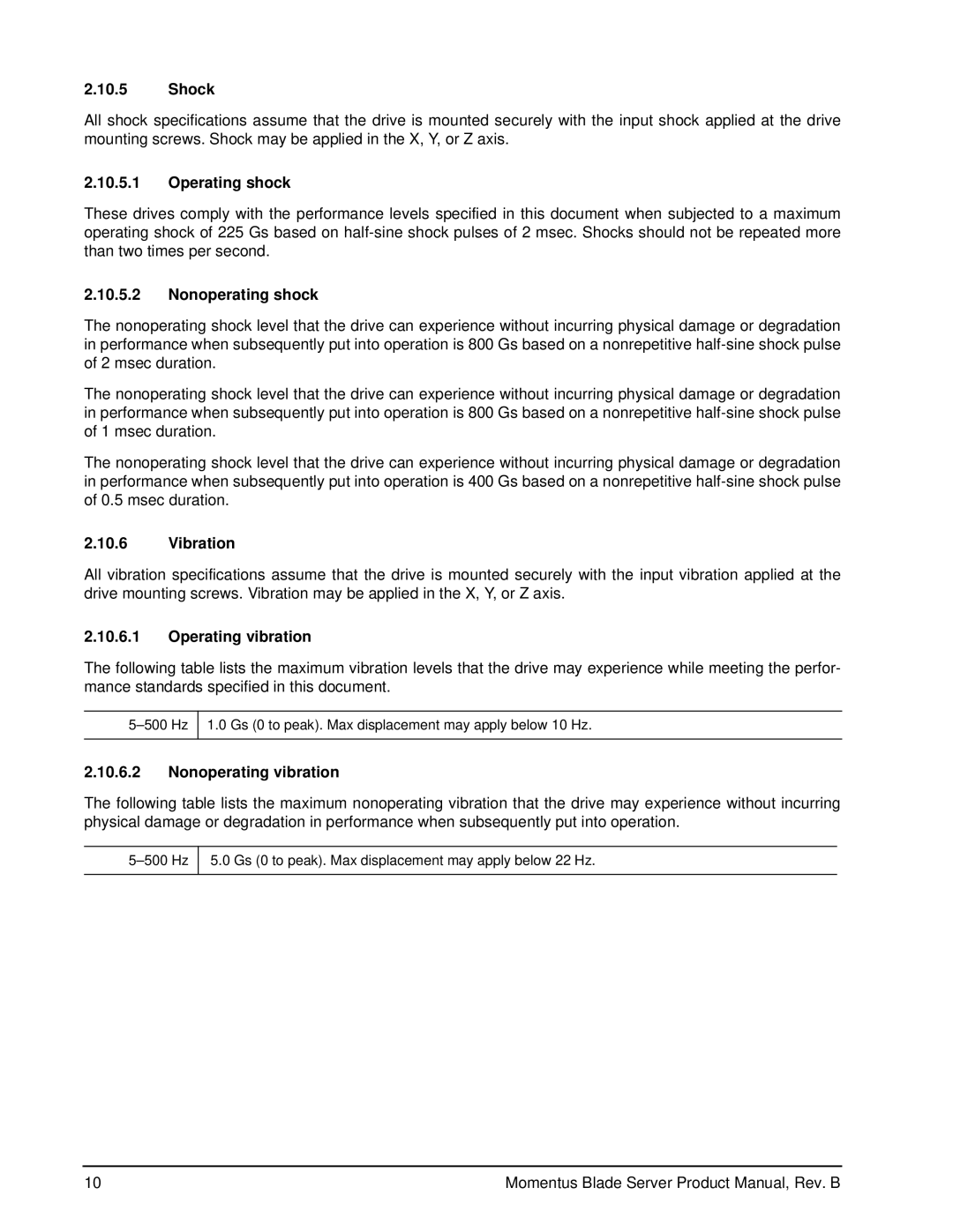 Seagate ST94811AB manual Shock, Operating shock, Nonoperating shock, Vibration, Operating vibration, Nonoperating vibration 