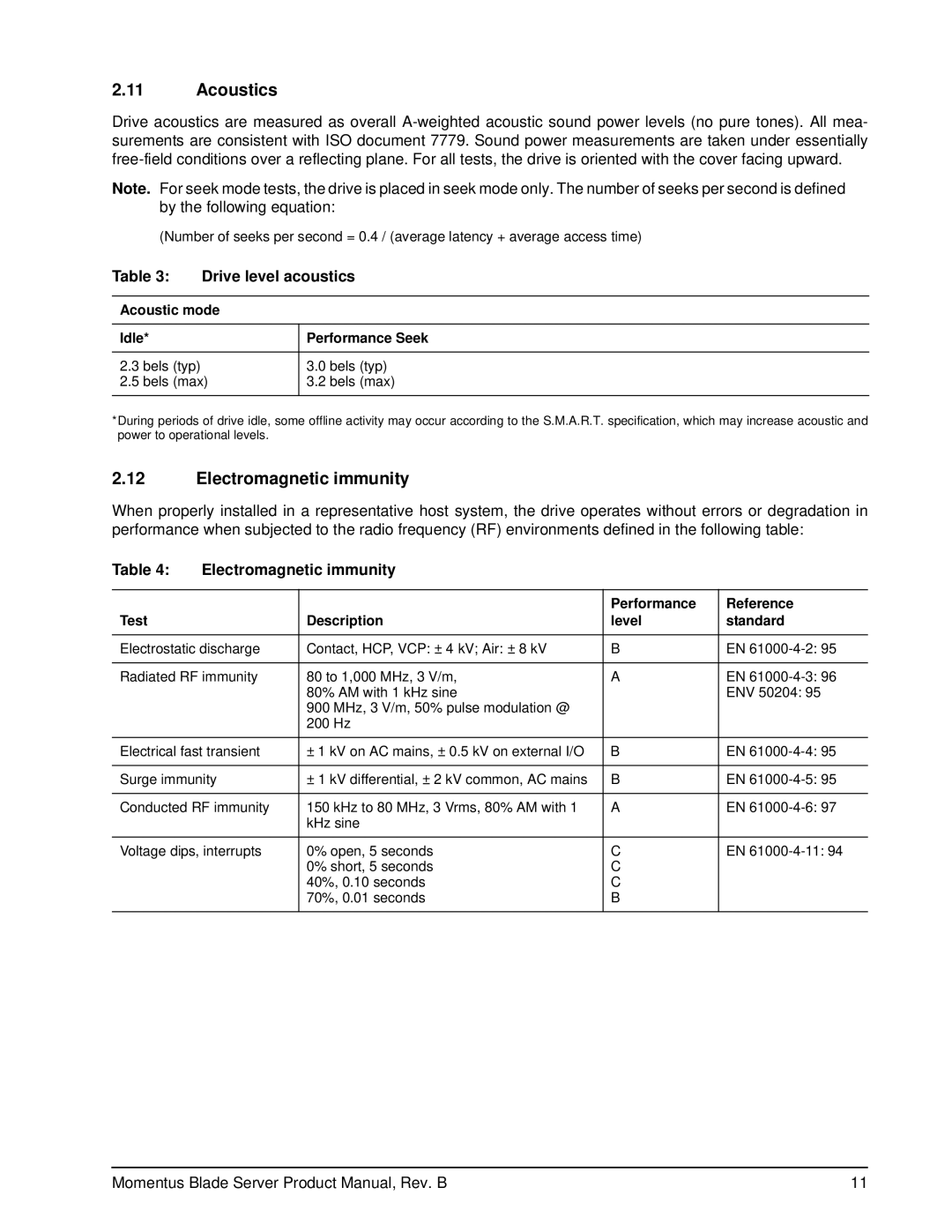 Seagate ST94811AB manual Acoustics, Electromagnetic immunity, Drive level acoustics 