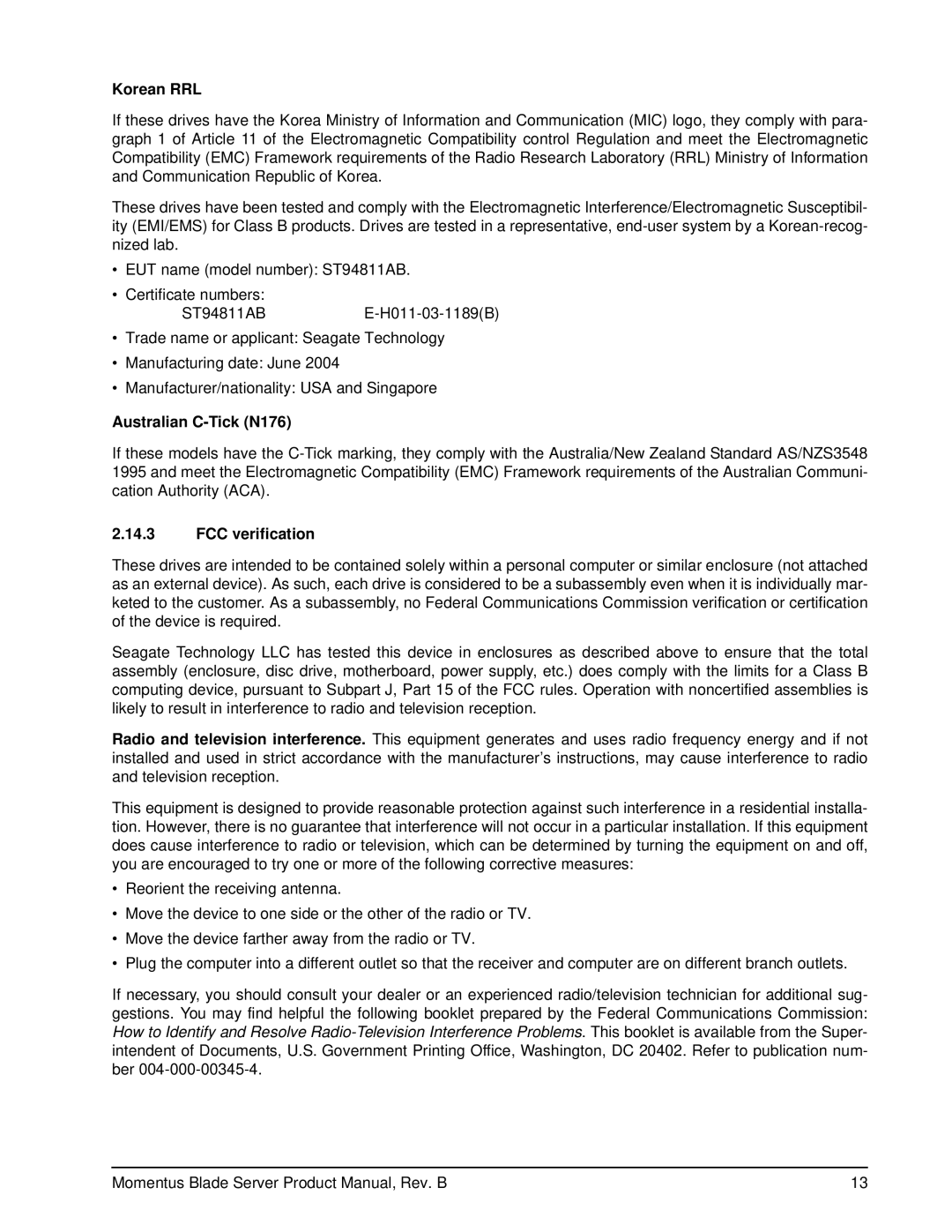 Seagate ST94811AB manual Korean RRL, Australian C-Tick N176, FCC verification 