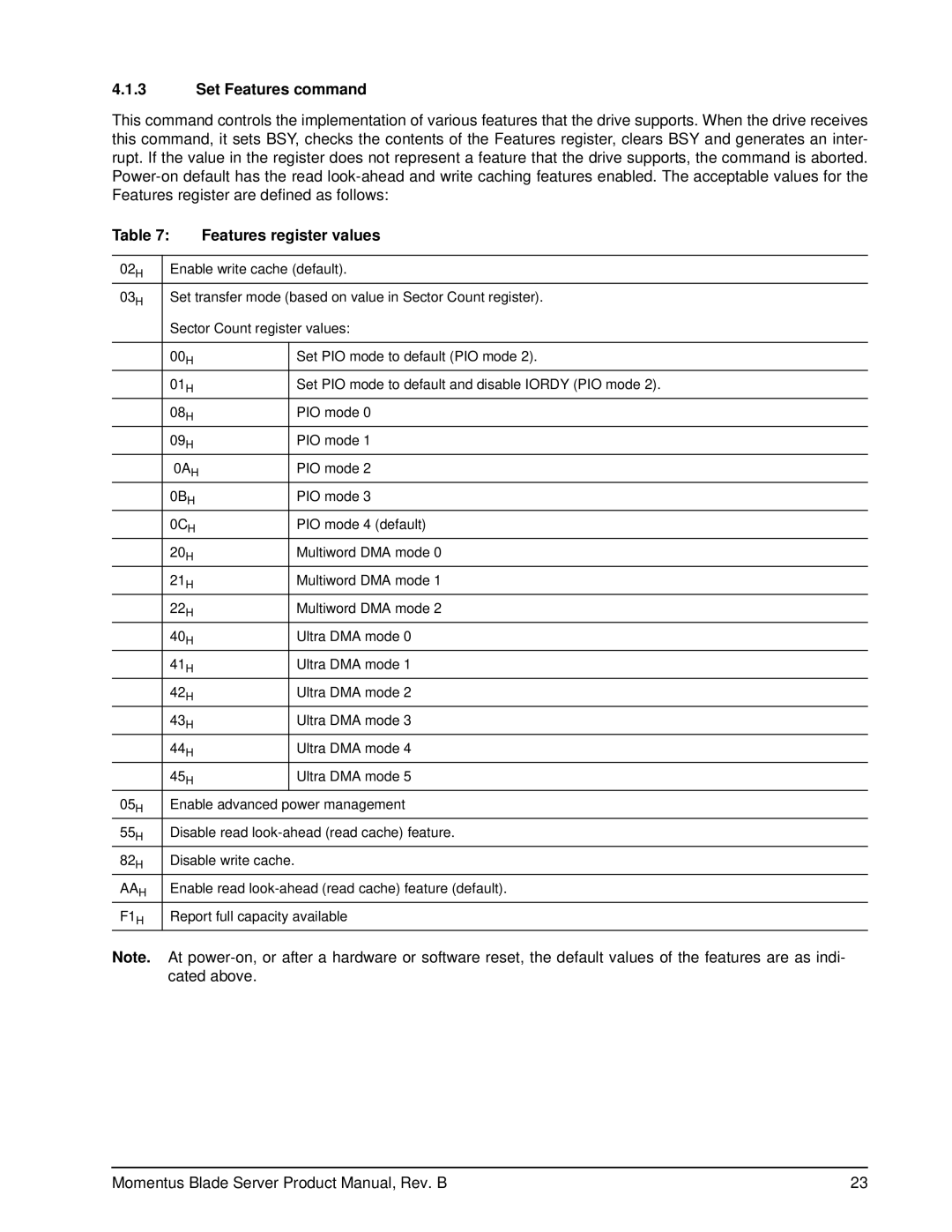 Seagate ST94811AB manual Set Features command, Features register values 