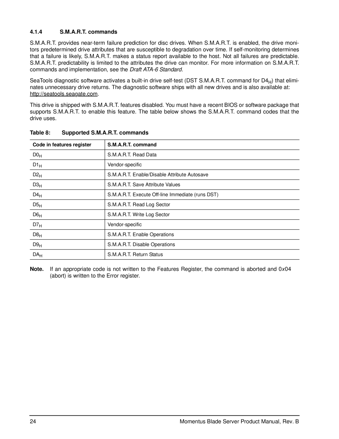 Seagate ST94811AB manual 4 S.M.A.R.T. commands, Supported S.M.A.R.T. commands, Code in features register A.R.T. command 