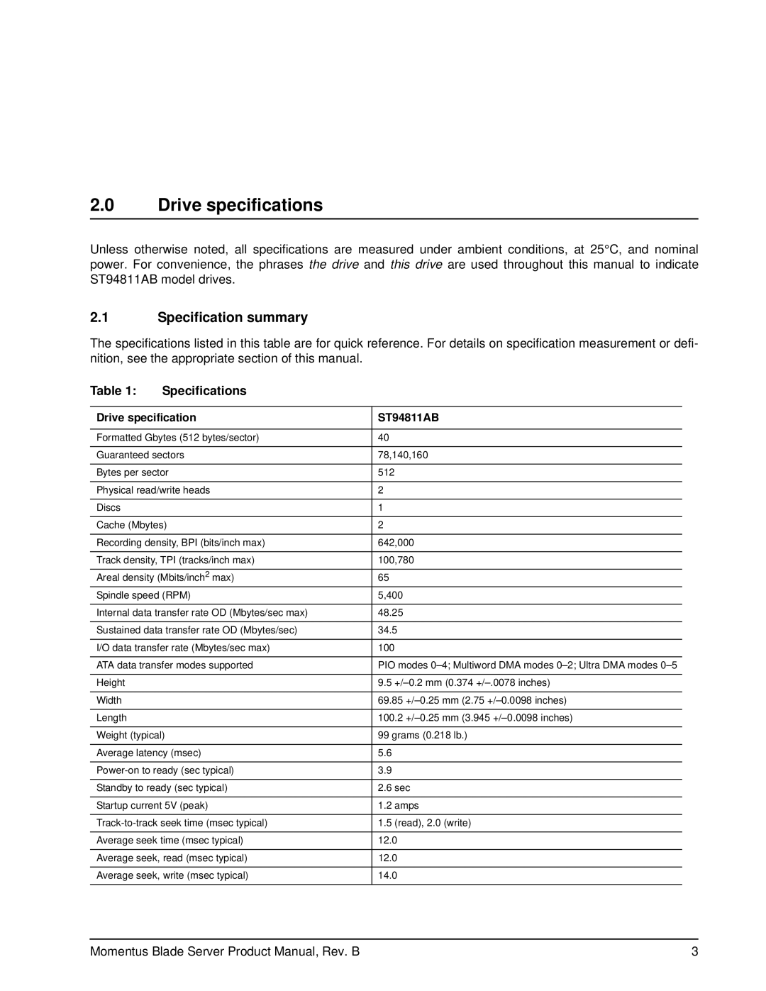 Seagate manual Drive specifications, Specification summary, Specifications, Drive specification ST94811AB 