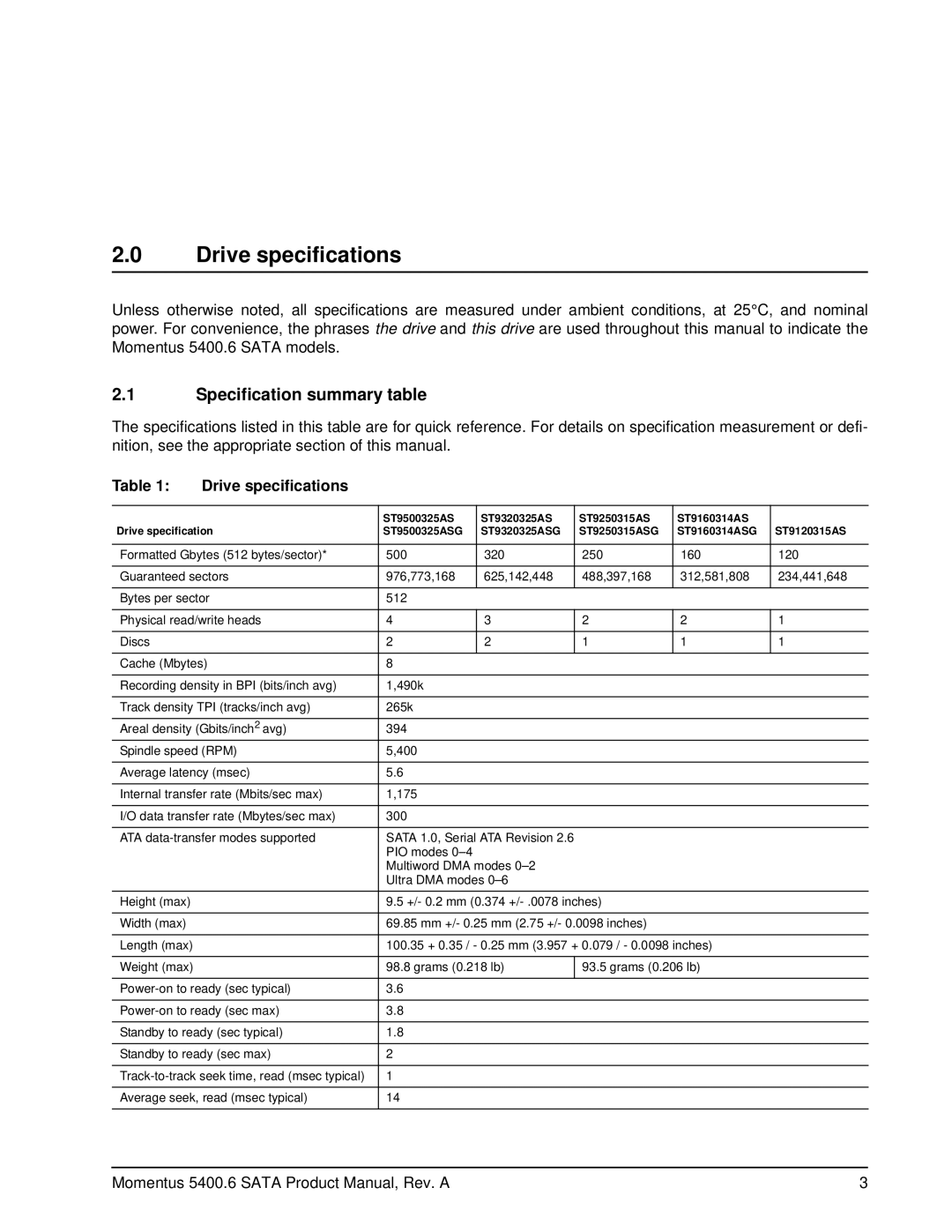 Seagate ST9320325ASG, ST9500325ASG, ST9250315ASG, ST9160314ASG manual Drive specifications, Specification summary table 