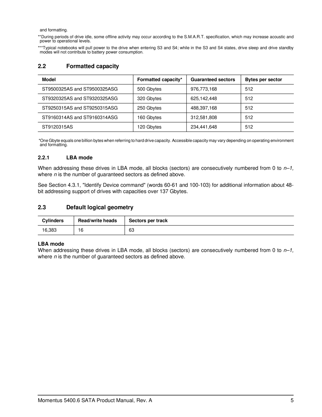 Seagate ST9500325ASG, ST9320325ASG, ST9250315ASG, ST9160314ASG Formatted capacity, Default logical geometry, LBA mode 