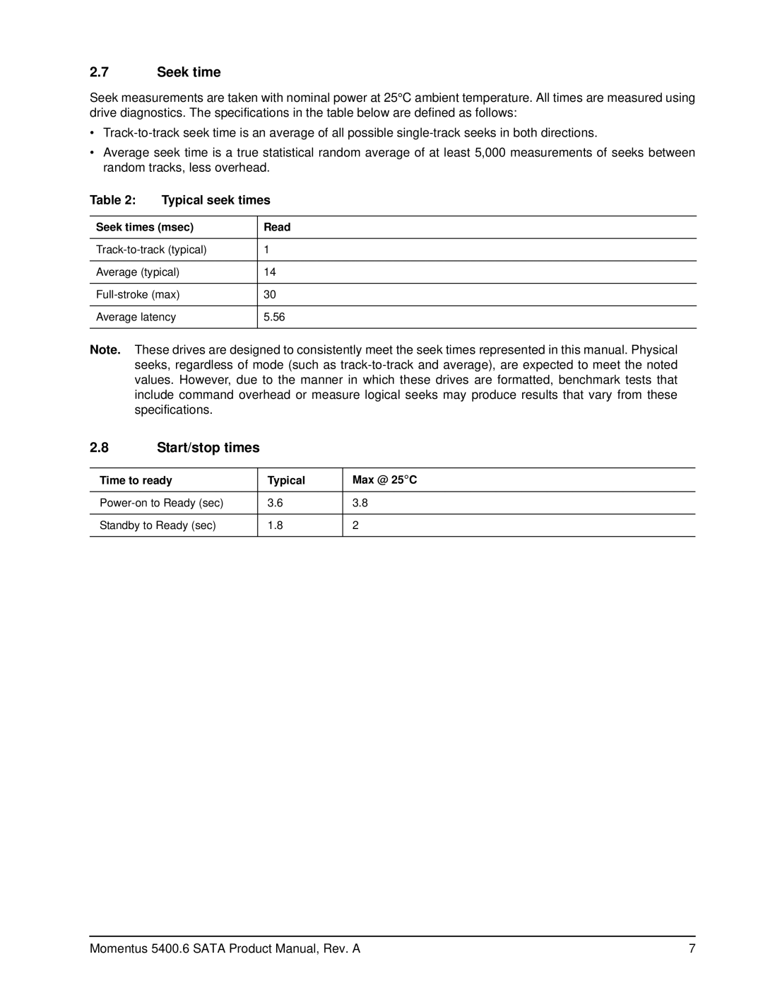 Seagate ST9160314ASG manual Start/stop times, Typical seek times, Seek times msec Read, Time to ready Typical Max @ 25C 