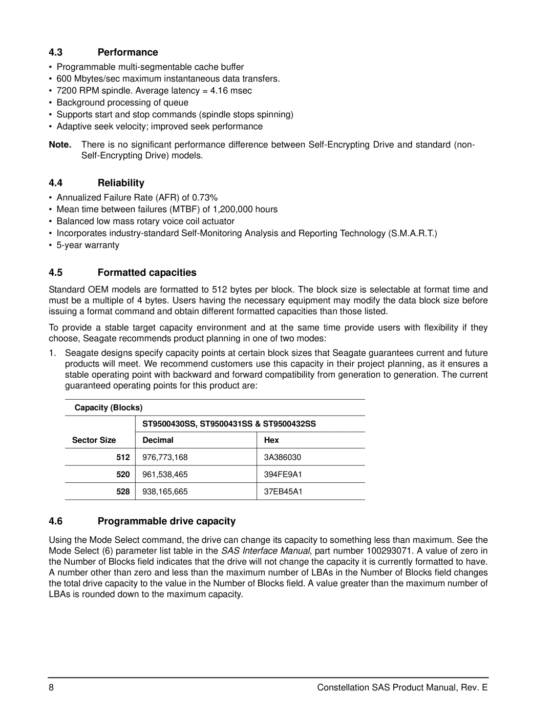 Seagate ST9500432SS, ST9500430SS, ST9500431SS Performance, Reliability, Formatted capacities, Programmable drive capacity 