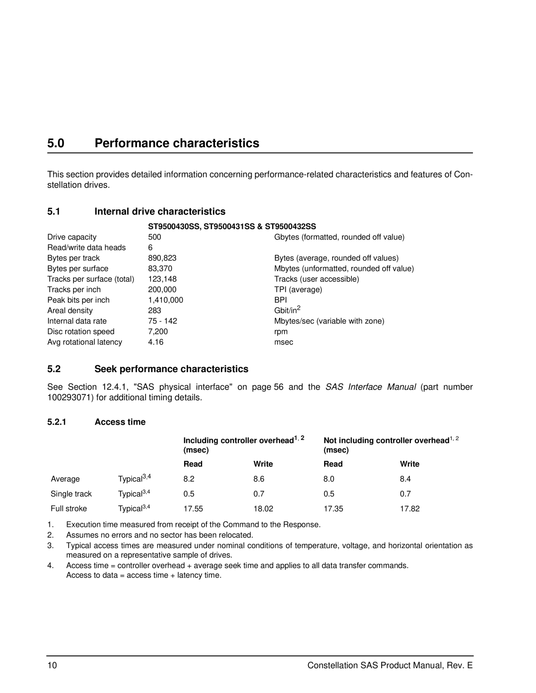 Seagate ST9500430SS manual Performance characteristics, Internal drive characteristics, Seek performance characteristics 