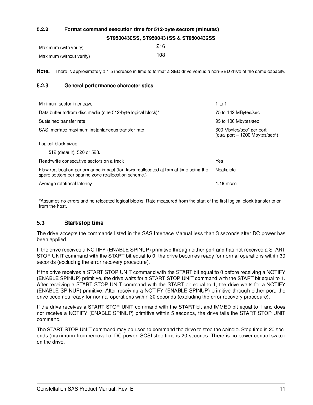 Seagate ST9500432SS, ST9500430SS, ST9500431SS manual Start/stop time, General performance characteristics 