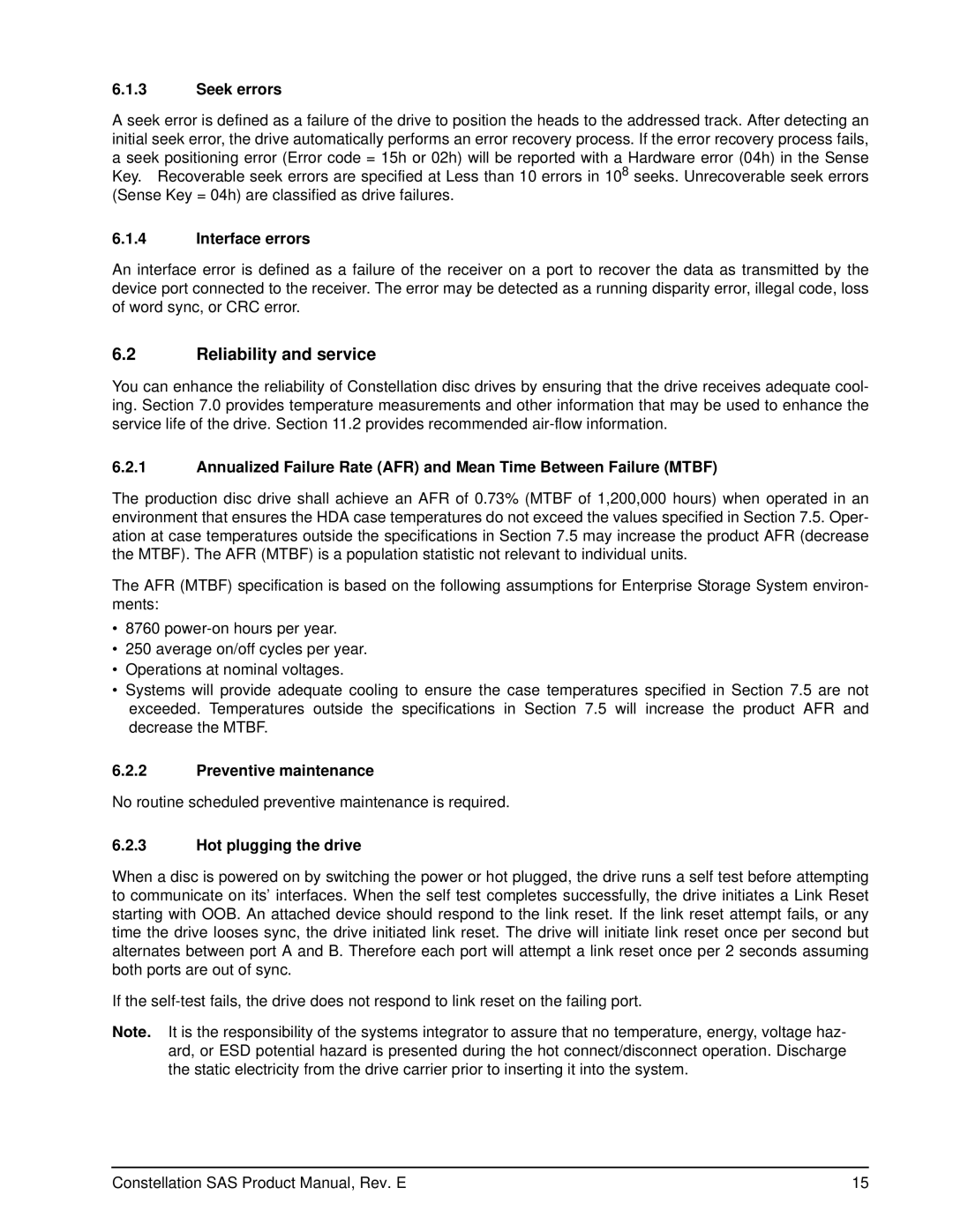 Seagate ST9500431SS Reliability and service, Seek errors, Interface errors, Preventive maintenance, Hot plugging the drive 
