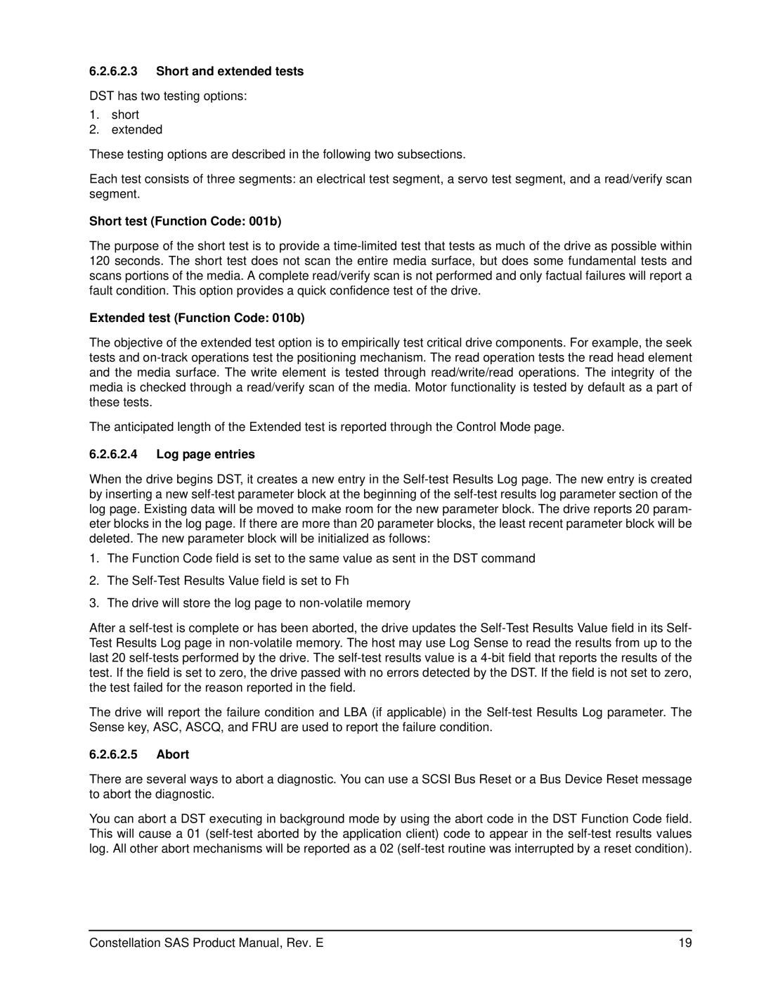 Seagate ST9500430SS manual Short and extended tests, Short test Function Code 001b, Extended test Function Code 010b, Abort 