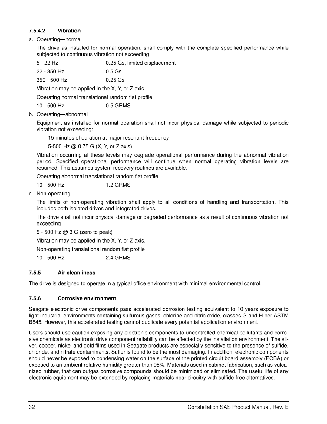 Seagate ST9500432SS, ST9500430SS, ST9500431SS manual Vibration a. Operating-normal, Air cleanliness, Corrosive environment 