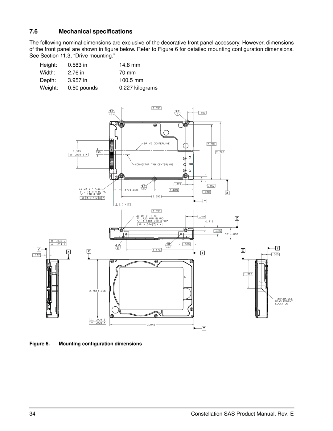 Seagate ST9500430SS, ST9500432SS, ST9500431SS manual Mechanical specifications, Mounting configuration dimensions 