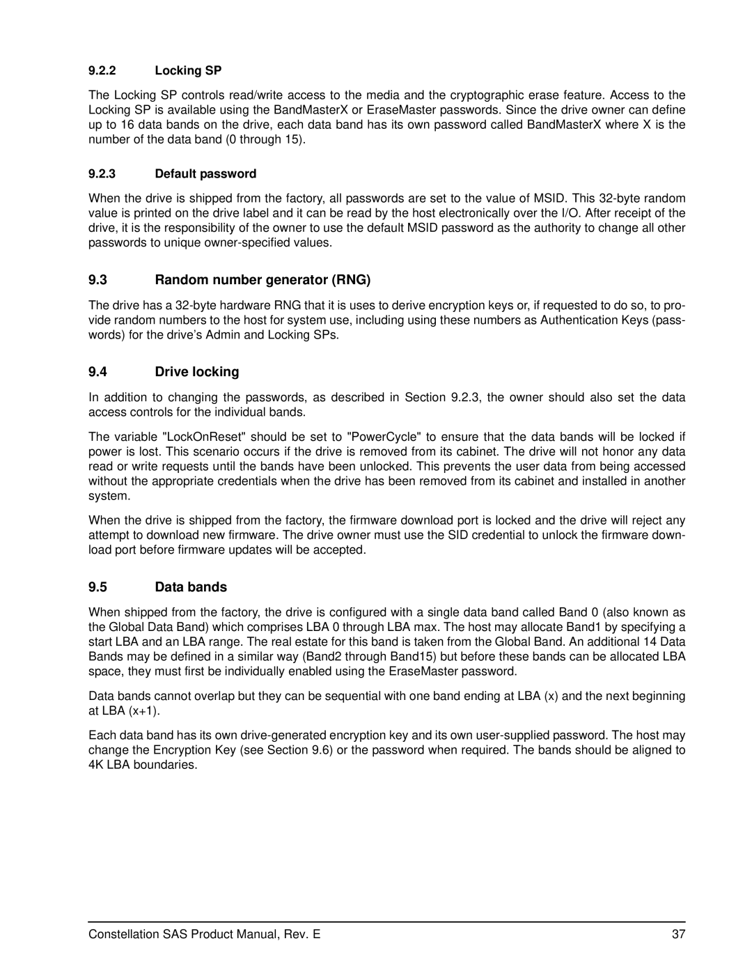 Seagate ST9500430SS, ST9500432SS manual Random number generator RNG, Drive locking, Data bands, Locking SP, Default password 