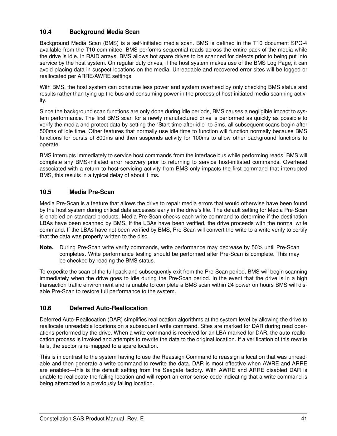 Seagate ST9500432SS, ST9500430SS, ST9500431SS manual Background Media Scan, Media Pre-Scan, Deferred Auto-Reallocation 