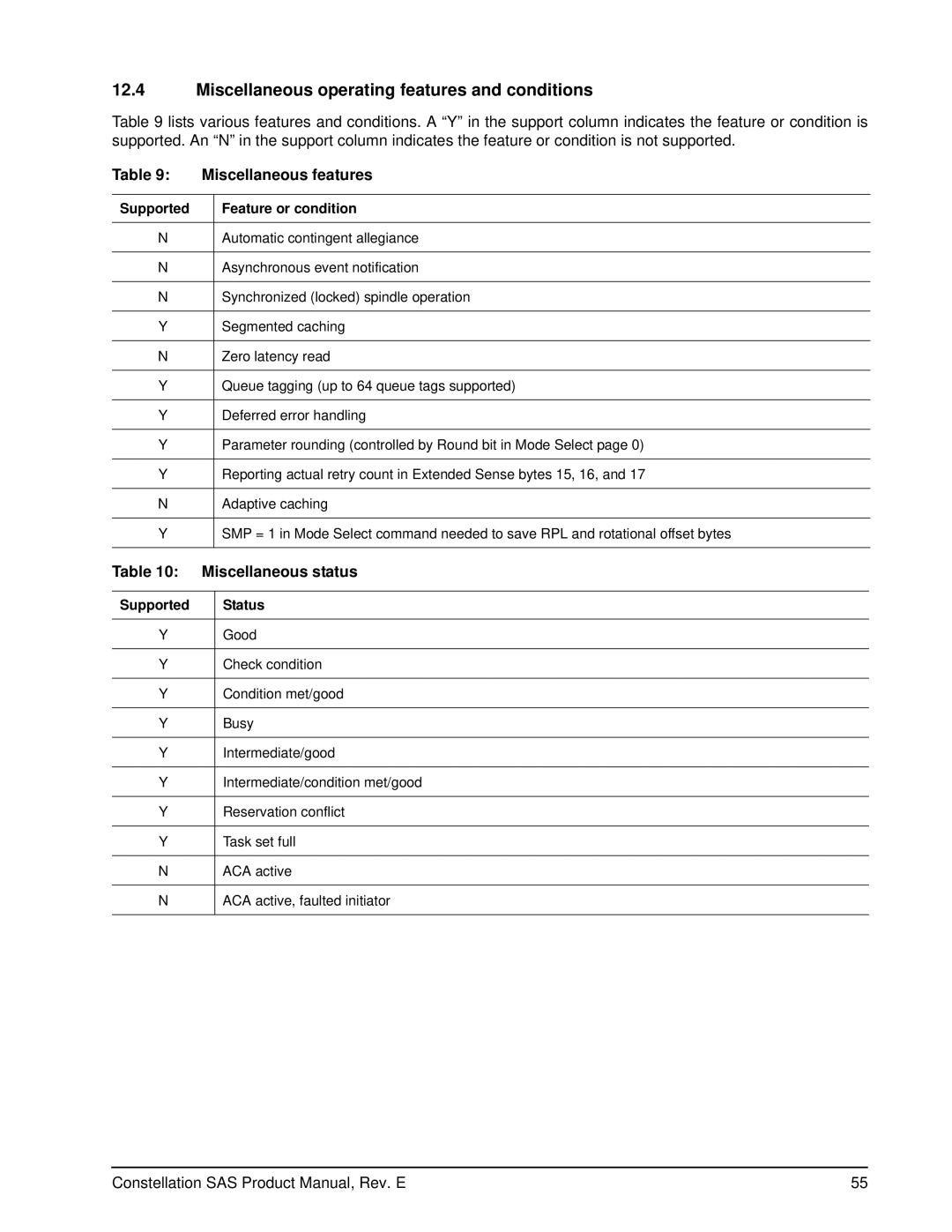 Seagate ST9500430SS manual Miscellaneous operating features and conditions, Miscellaneous features, Miscellaneous status 