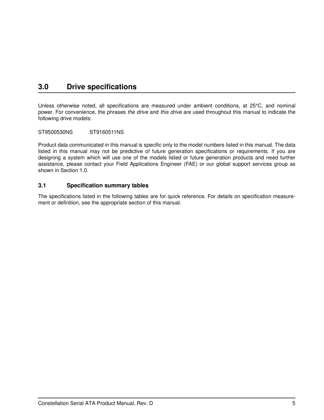 Seagate ST9160511NS, ST9500530NS manual Drive specifications, Specification summary tables 