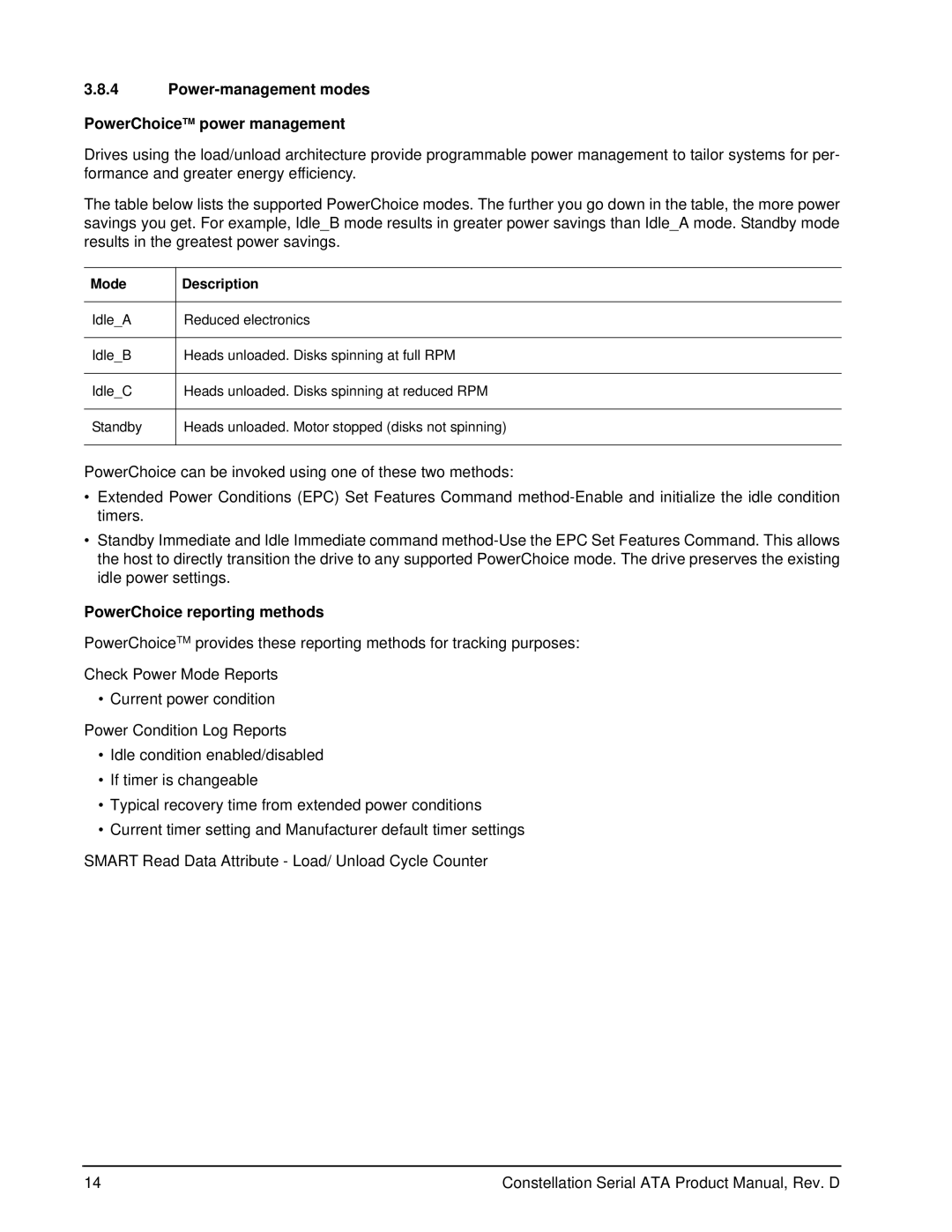 Seagate ST9500530NS Power-management modes PowerChoiceTM power management, PowerChoice reporting methods, Mode Description 