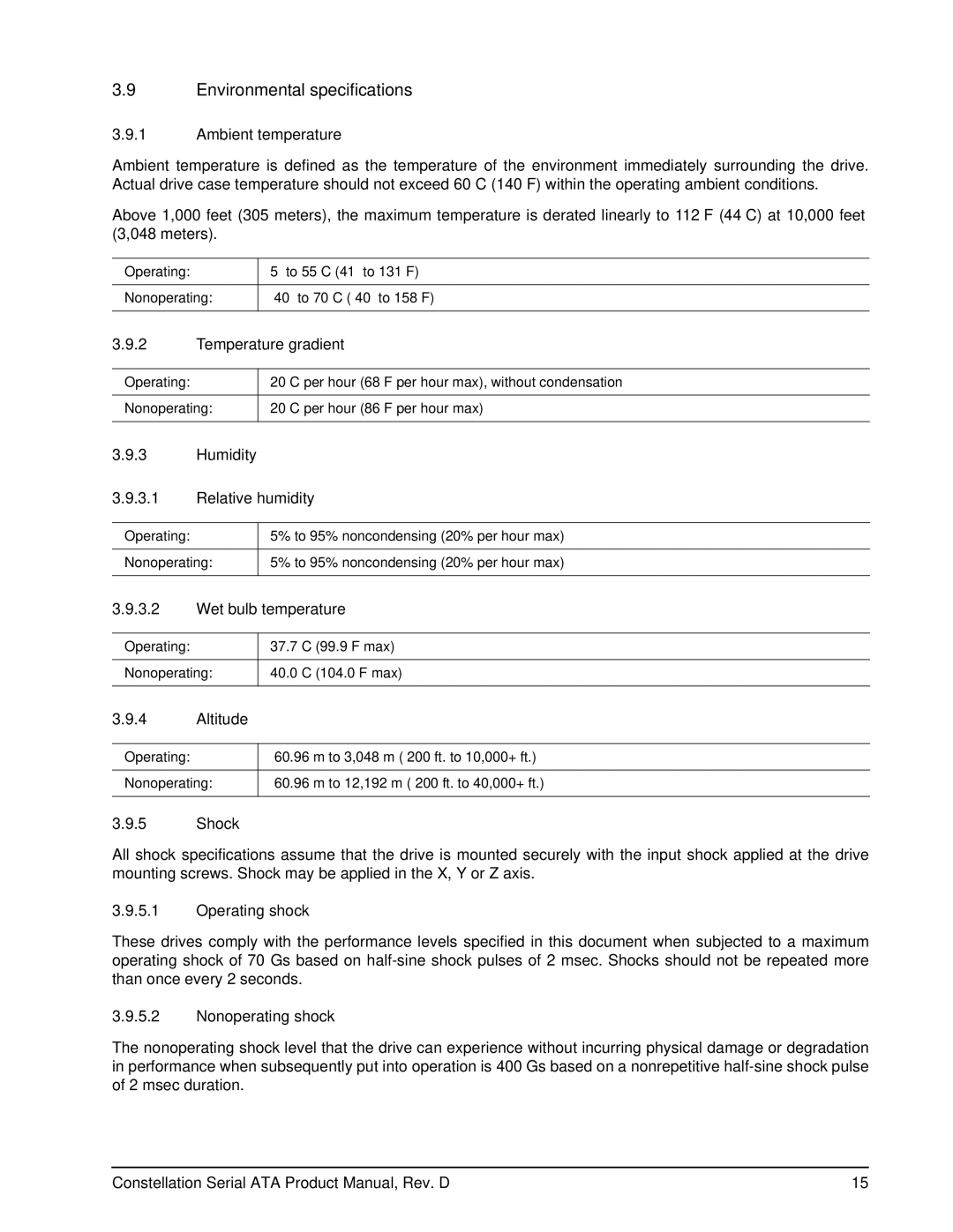 Seagate ST9160511NS, ST9500530NS manual Environmental specifications 