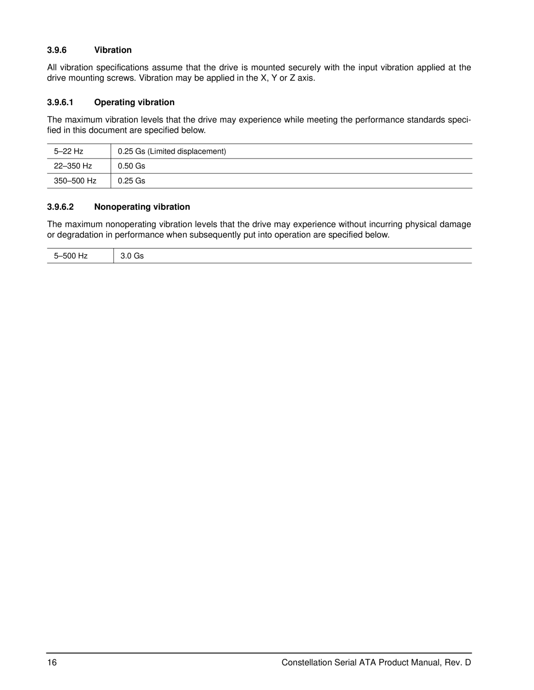 Seagate ST9500530NS, ST9160511NS manual Vibration, Operating vibration, Nonoperating vibration 