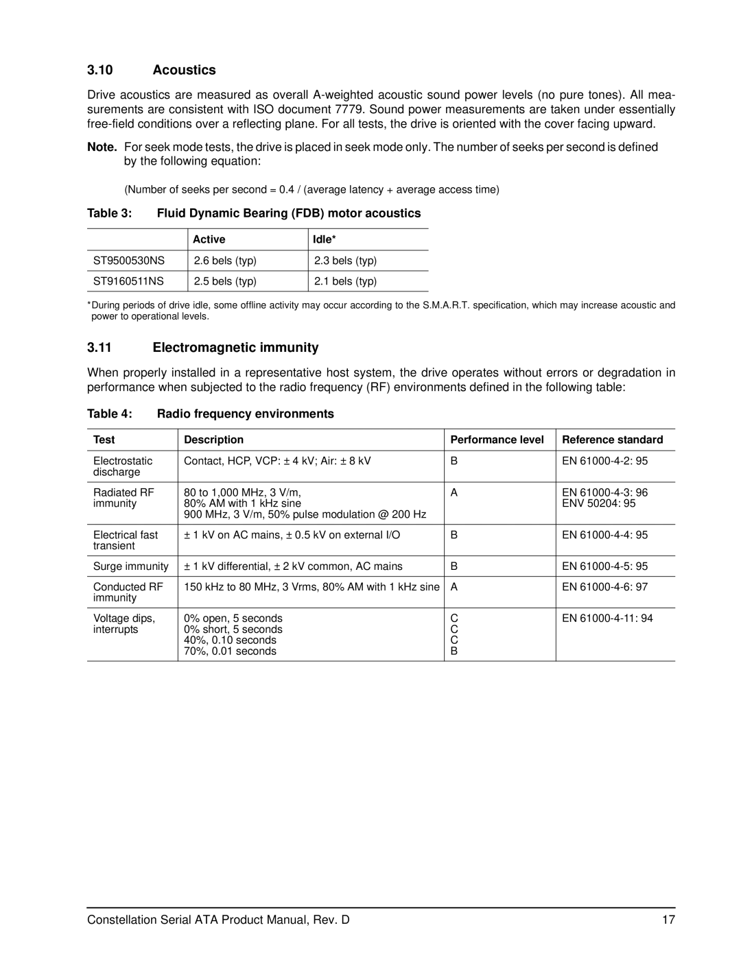 Seagate ST9160511NS, ST9500530NS manual Acoustics, Electromagnetic immunity, Fluid Dynamic Bearing FDB motor acoustics 