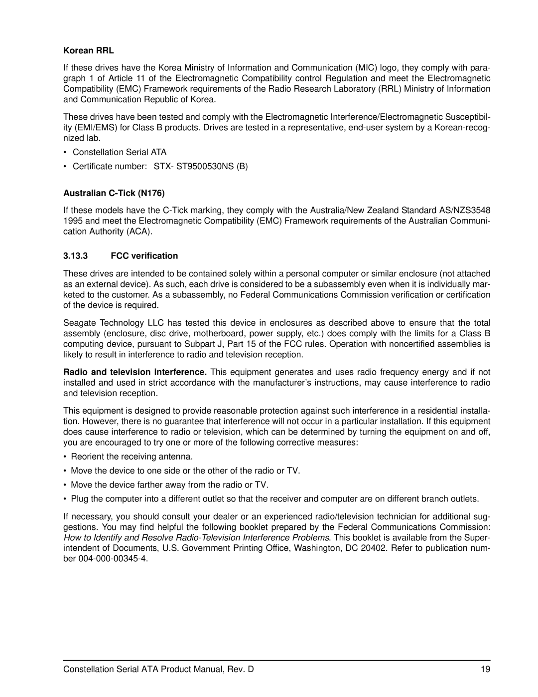 Seagate ST9160511NS, ST9500530NS manual Korean RRL, Australian C-Tick N176, FCC verification 