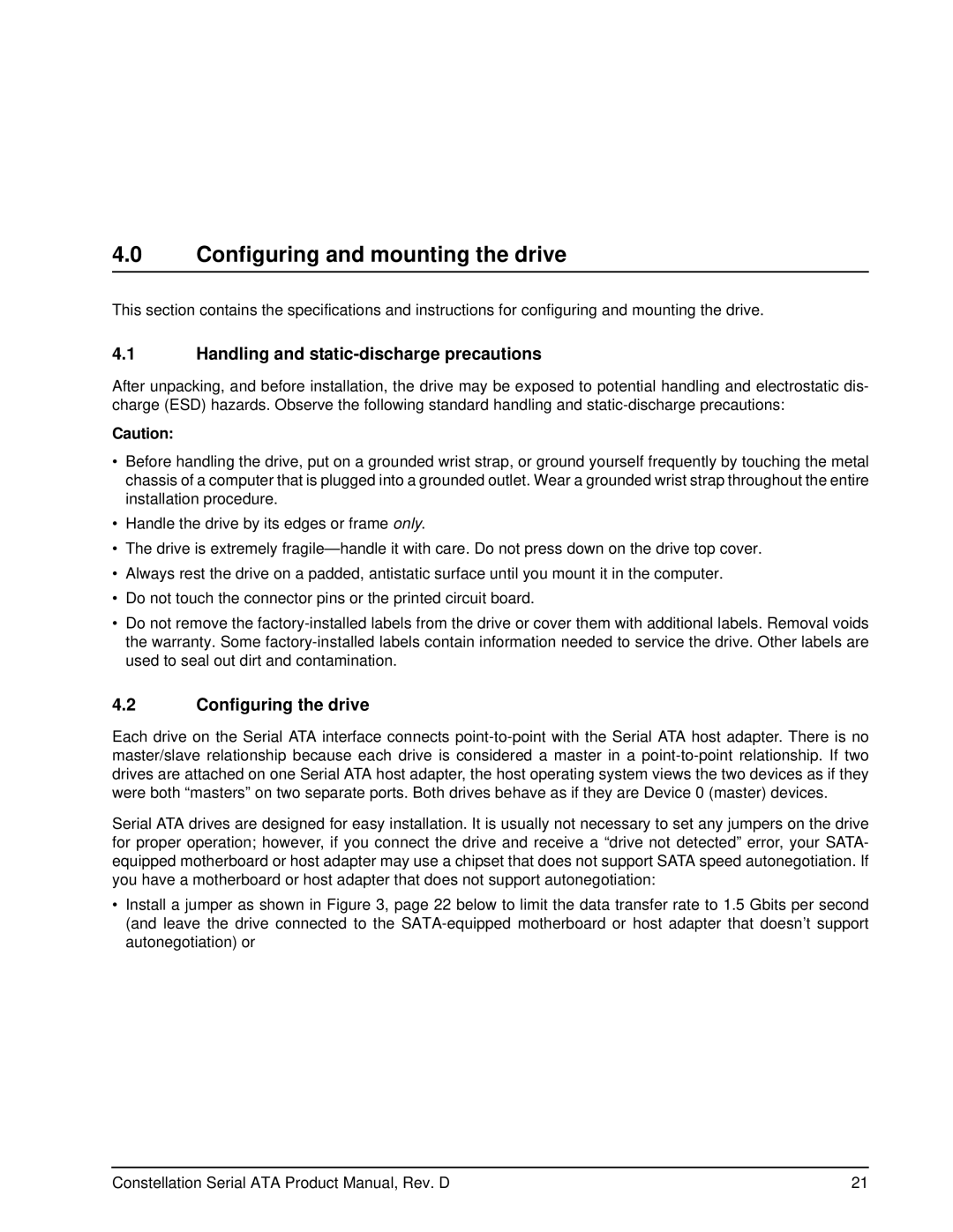 Seagate ST9160511NS Configuring and mounting the drive, Handling and static-discharge precautions, Configuring the drive 