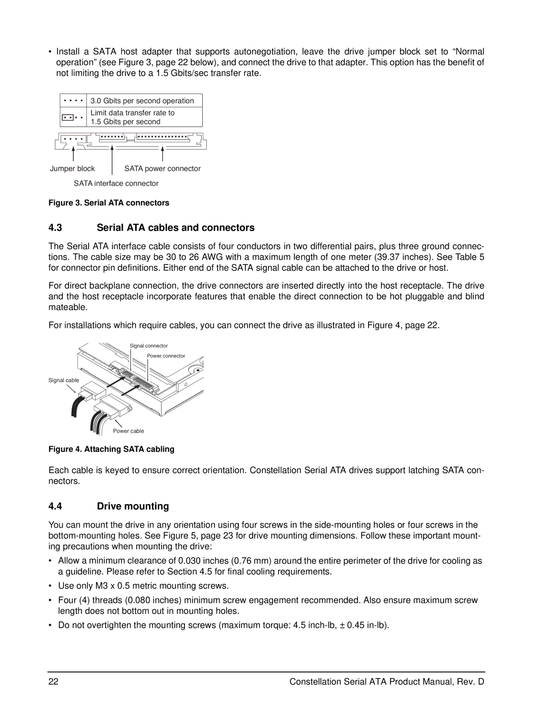 Seagate ST9500530NS, ST9160511NS manual Serial ATA cables and connectors, Drive mounting 