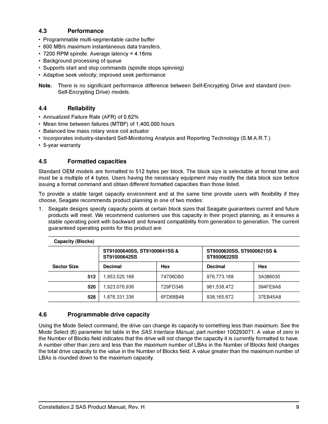 Seagate 100620418, ST9500621SS, ST9500620SS Performance, Reliability, Formatted capacities, Programmable drive capacity 
