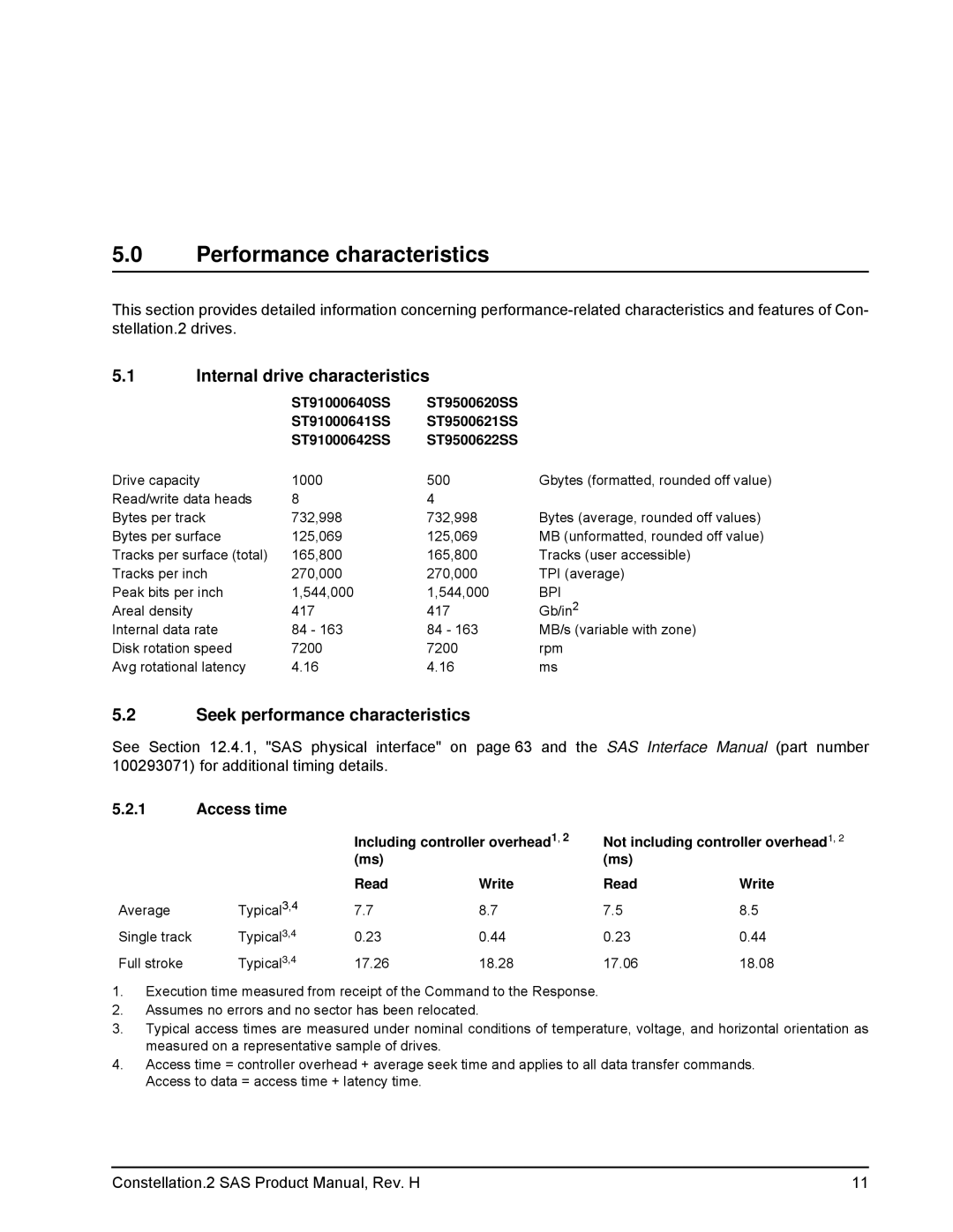 Seagate ST91000641SS manual Performance characteristics, Internal drive characteristics, Seek performance characteristics 