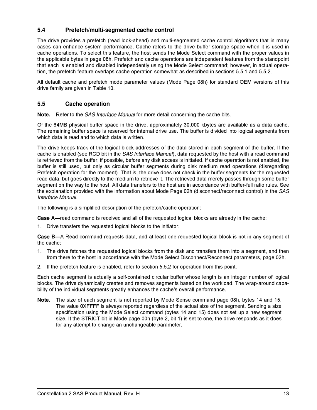 Seagate ST9500621SS, ST9500620SS, ST9500622SS, 100620418 manual Prefetch/multi-segmented cache control, Cache operation 