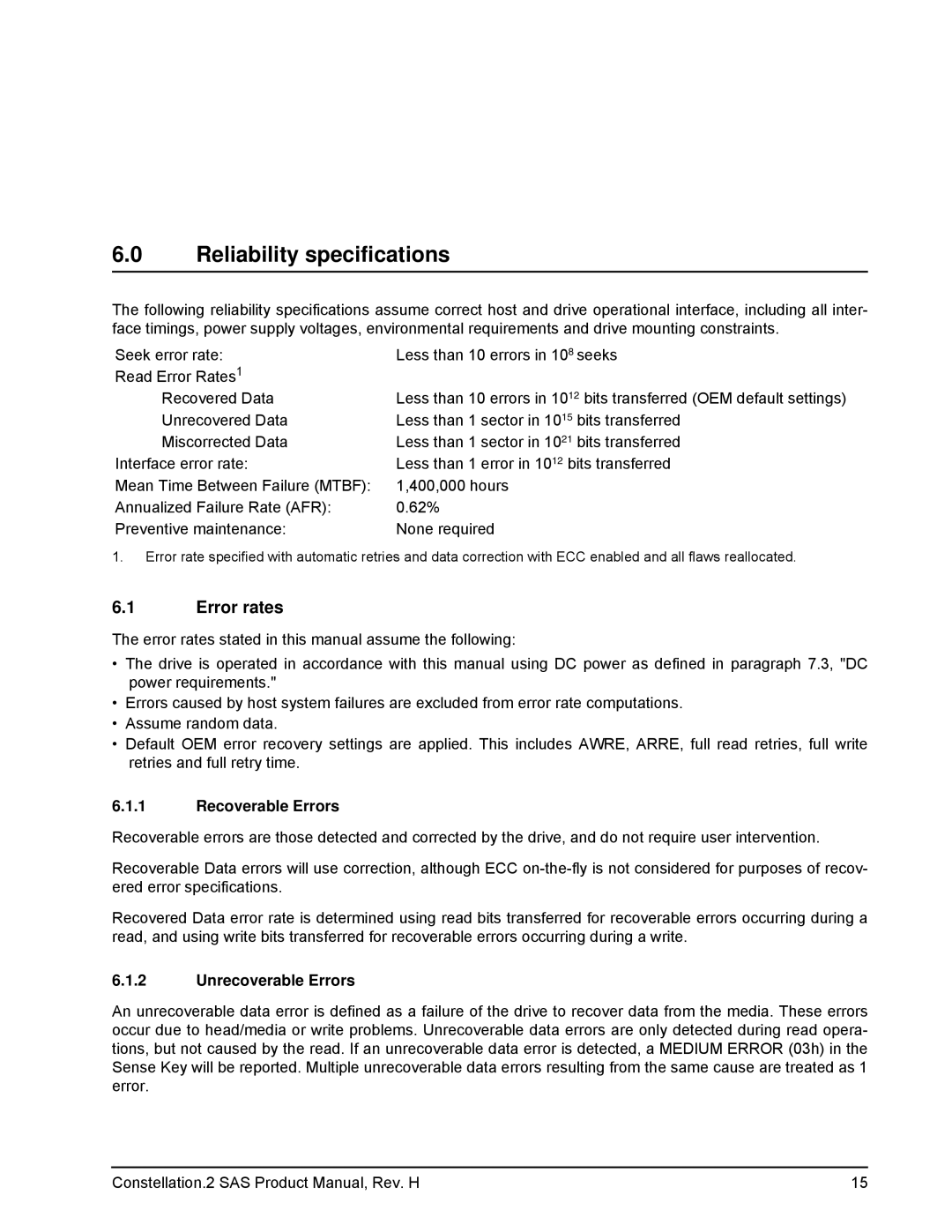 Seagate ST9500622SS, ST9500621SS manual Reliability specifications, Error rates, Recoverable Errors, Unrecoverable Errors 