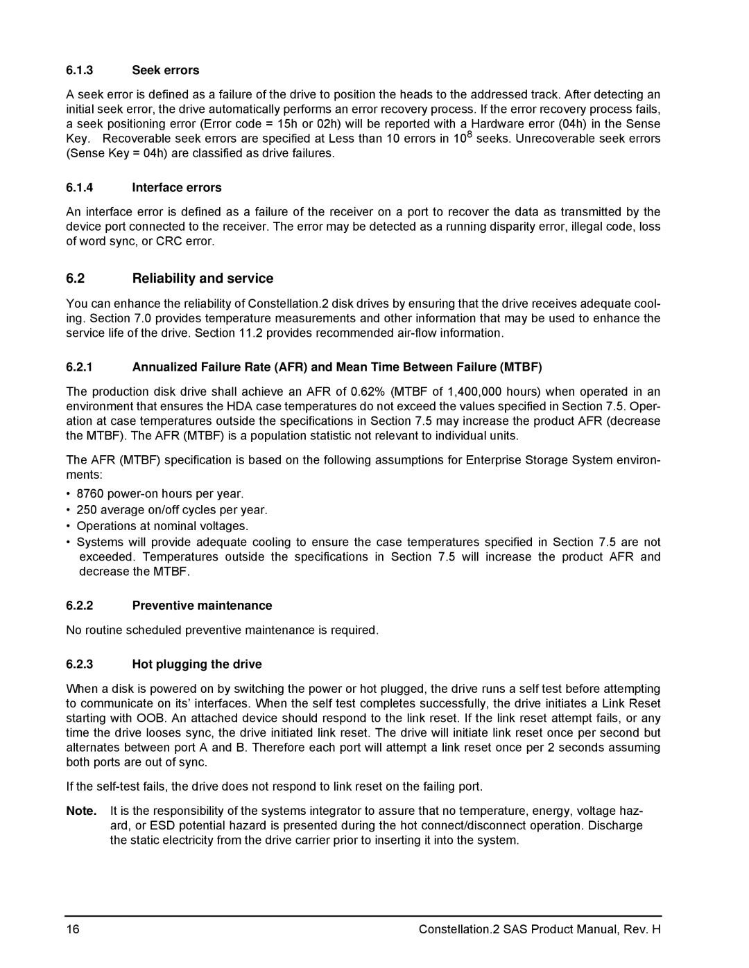 Seagate 100620418 Reliability and service, Seek errors, Interface errors, Preventive maintenance, Hot plugging the drive 