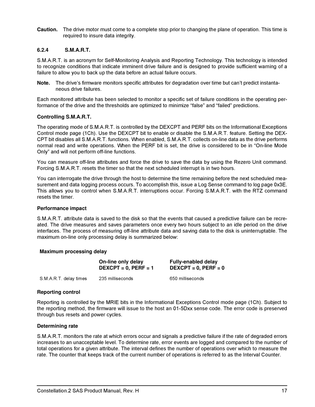 Seagate ST91000642SS manual 4 S.M.A.R.T, Controlling S.M.A.R.T, Performance impact, Reporting control, Determining rate 