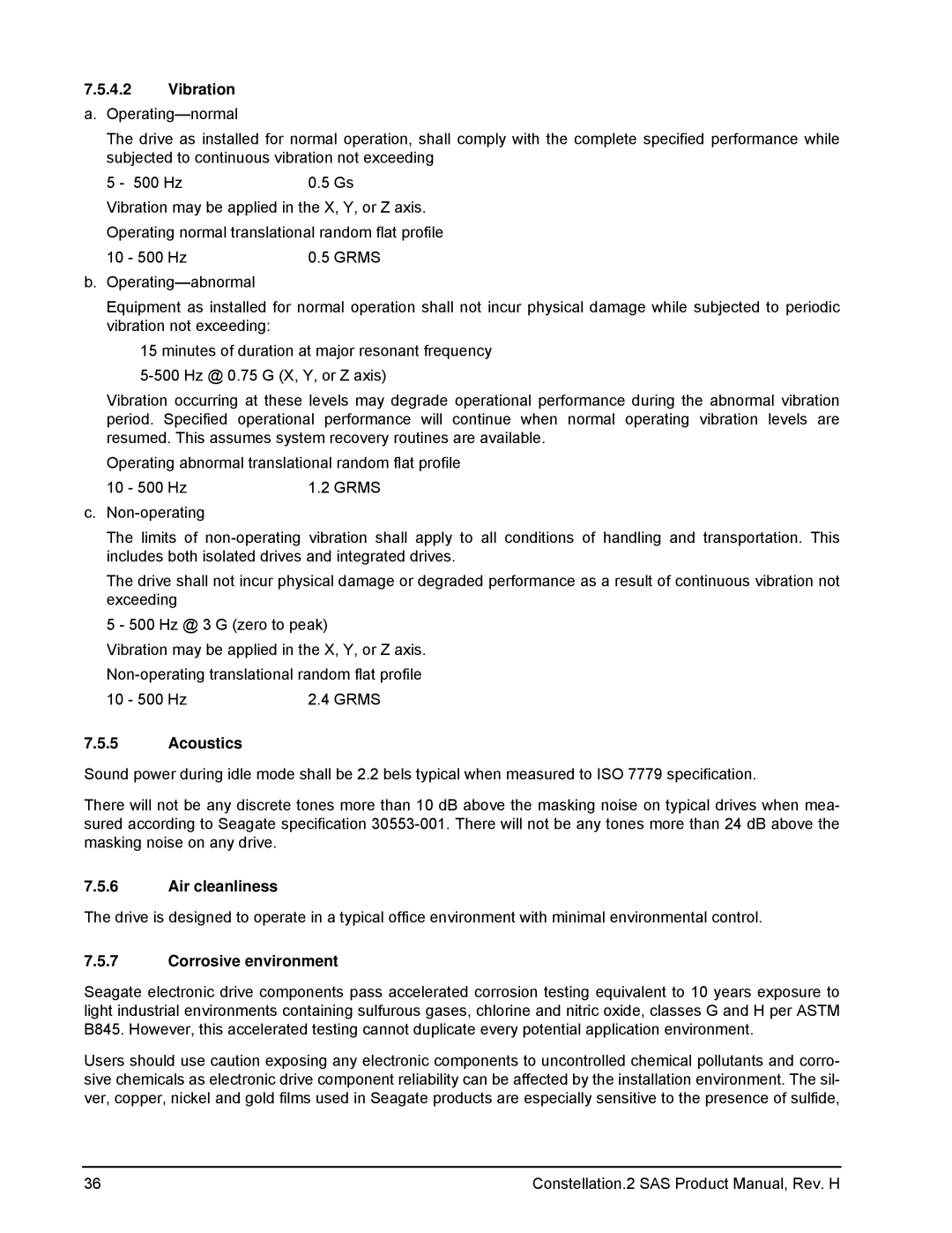 Seagate ST9500622SS, ST9500621SS manual Vibration a. Operating-normal, Acoustics, Air cleanliness, Corrosive environment 