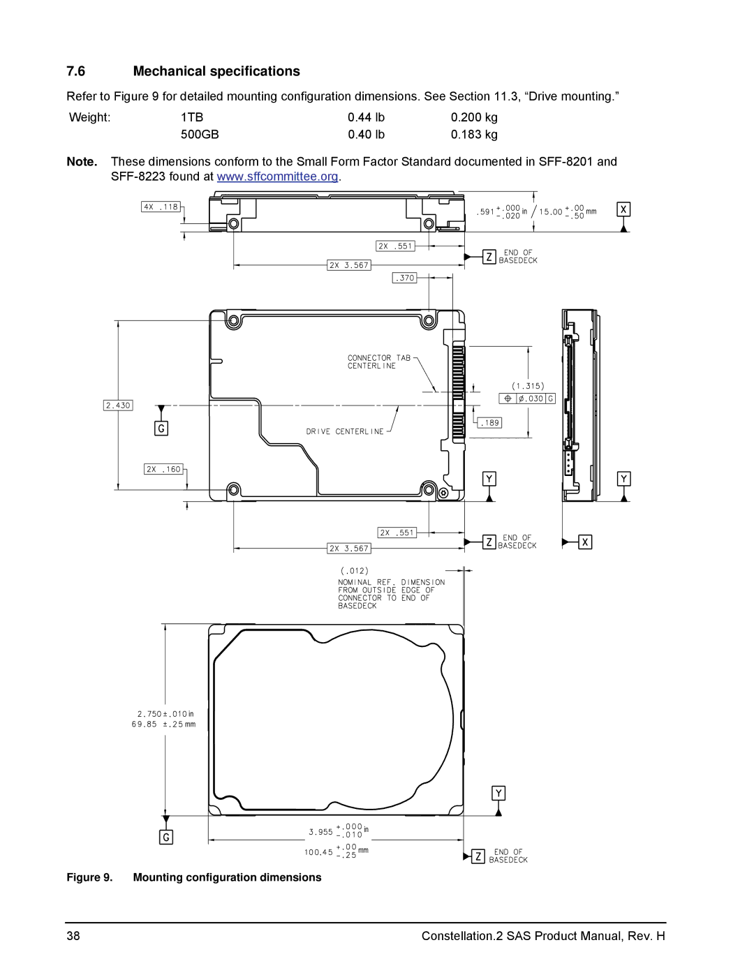 Seagate ST91000642SS, ST9500621SS, ST9500620SS, ST9500622SS Mechanical specifications, Mounting configuration dimensions 