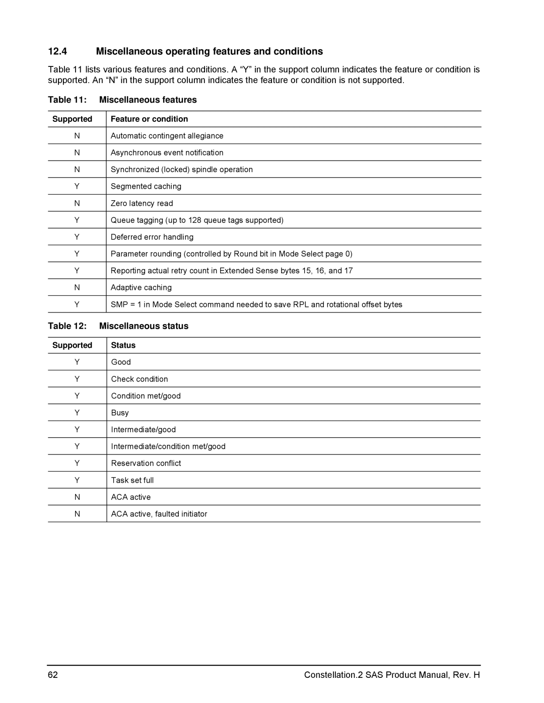 Seagate ST9500621SS manual Miscellaneous operating features and conditions, Miscellaneous features, Miscellaneous status 