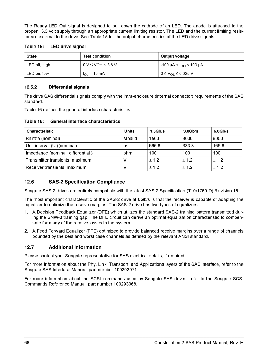 Seagate ST91000640SS manual SAS-2 Specification Compliance, Additional information, LED drive signal, Differential signals 