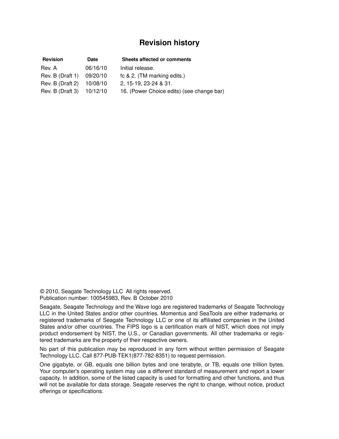 Seagate ST9500620NS, ST9500622NS, ST9500621NS, ST9250610NS manual Revision history, Revision Date Sheets affected or comments 